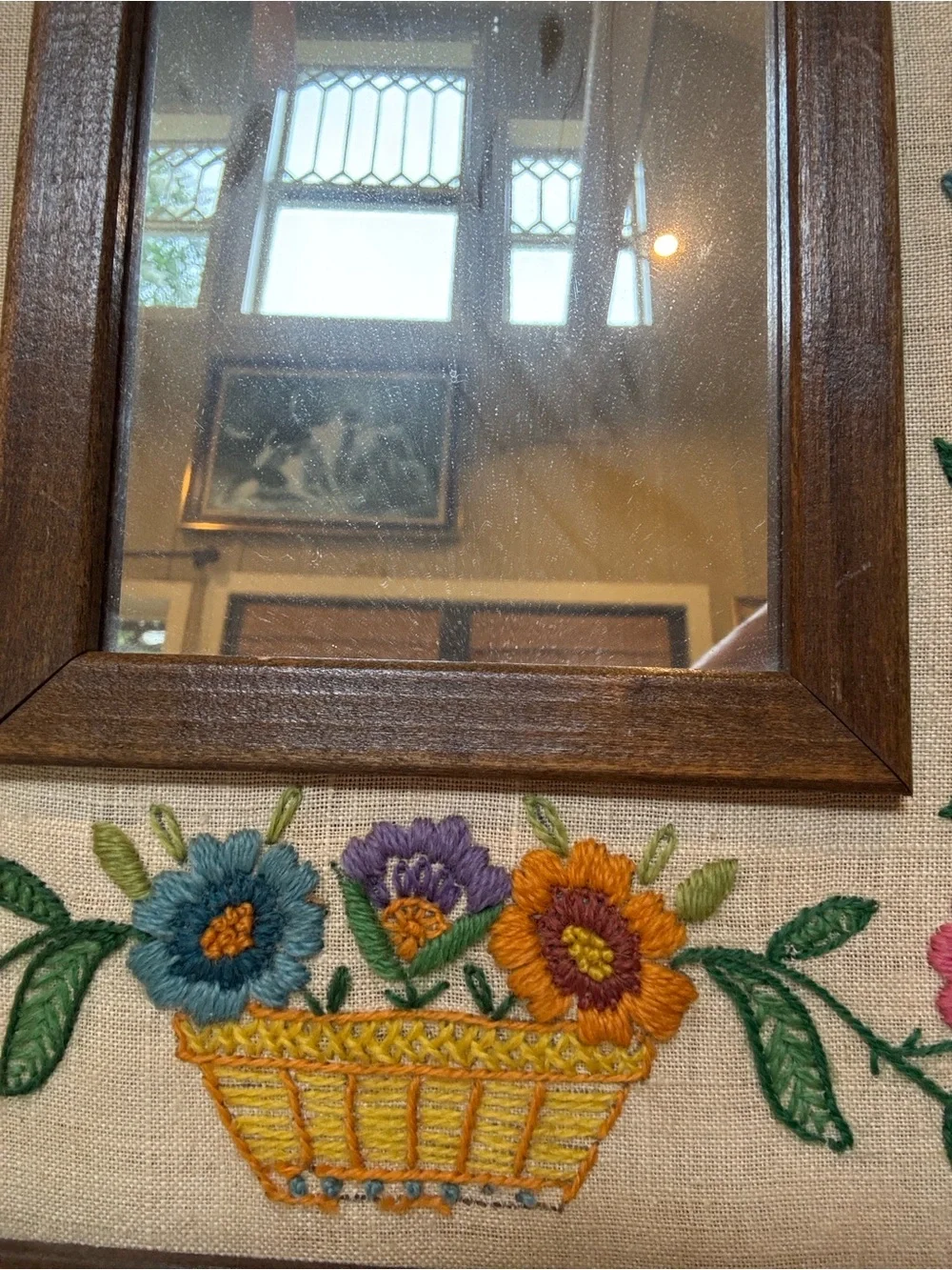 Vintage embroidery crewel framed mirror. Floral bird design